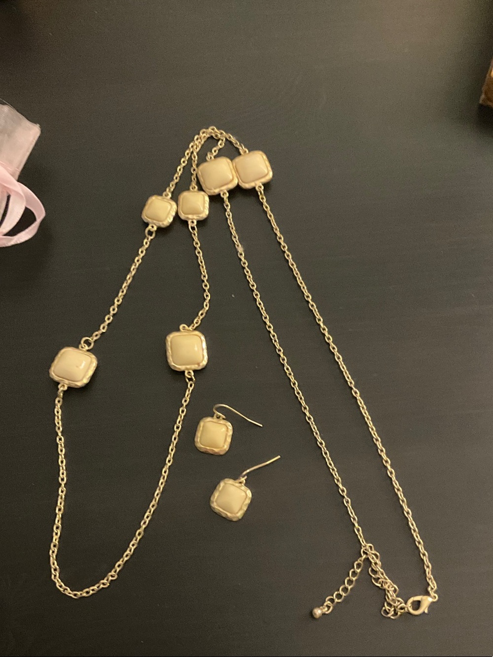 Gold-Tone Cream Stone Long Necklace and Earrings Set